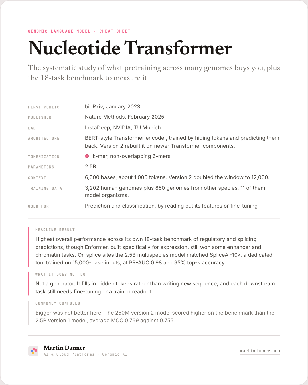 gLM cheat sheet: Nucleotide Transformer