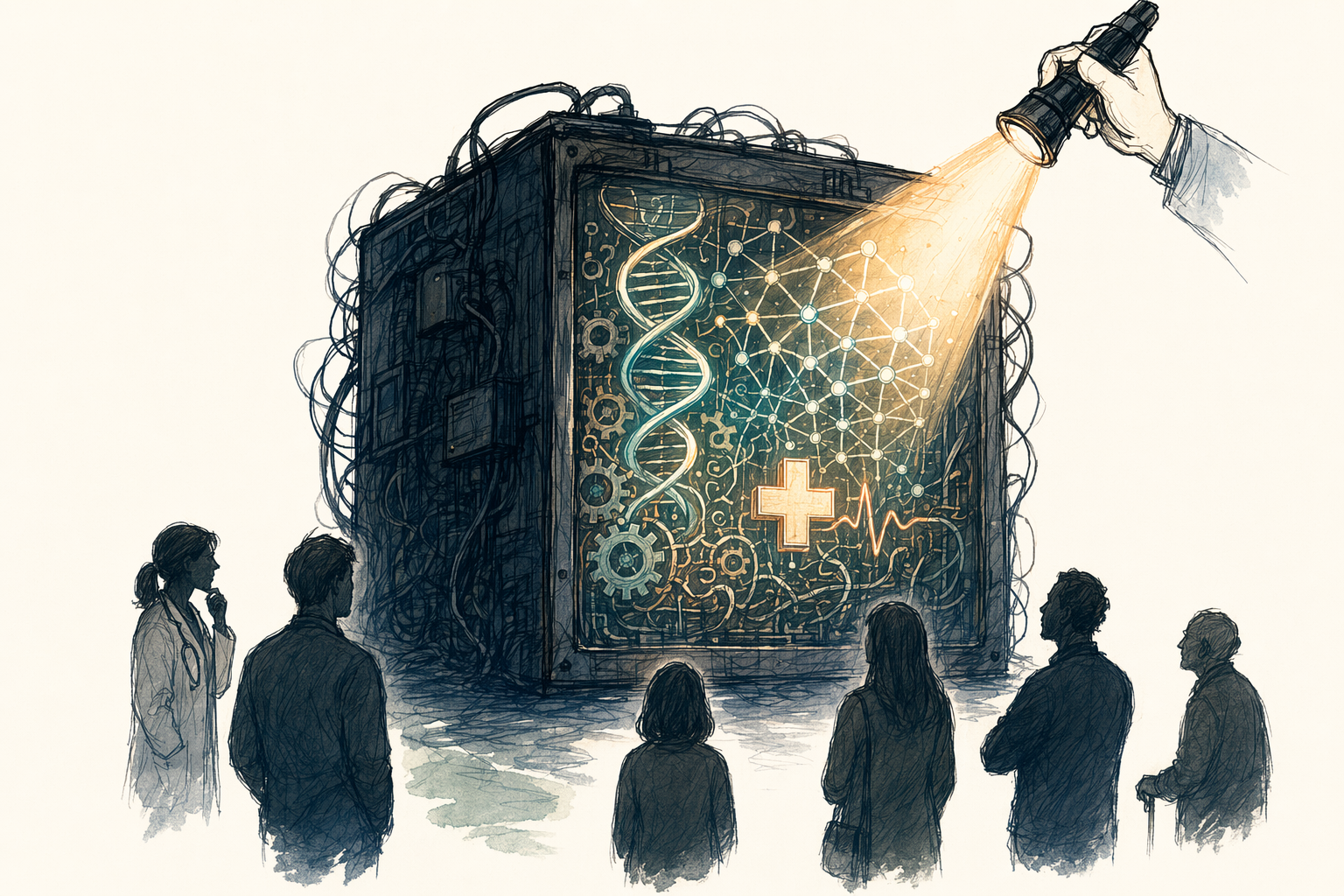 A sketchy editorial illustration: a hand shines a torch onto a dark, cable-tangled black box, lighting up the hidden machinery inside: a DNA double helix, a neural-network graph, gears, and a medical cross with a heartbeat line. A doctor, a patient, and ordinary people stand in the shadow, looking on, unable to see clearly what is inside.